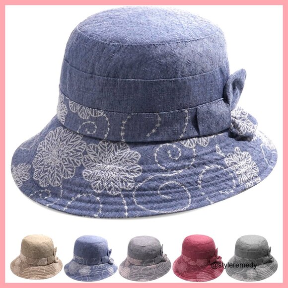 Cotton Polyester Bucket Hat Foldable Wide Brim Floral Vintage